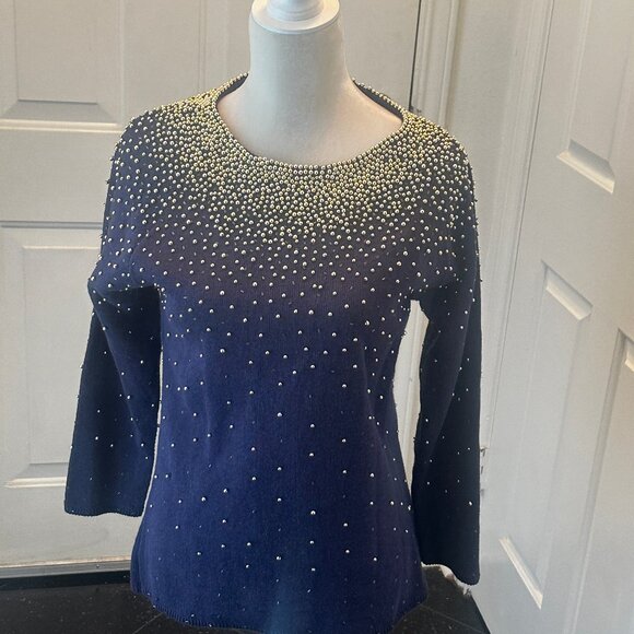 Vintage 80's Bonnie Boerer Embellished Navy Sweater with Gold Beads S - Picture 14 of 14